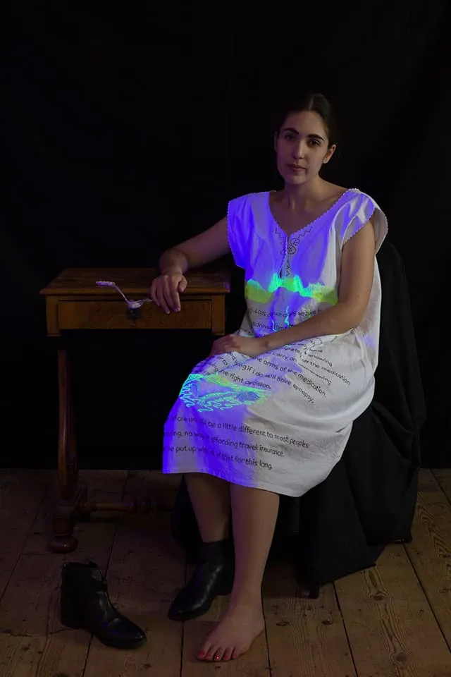 <strong>Out of the Blue</strong> Withdrawal, Susan Aldworth, 2020. Embroidery by Alison Beadnell, words by Willow N. Photograph by Peter Abrahams.
