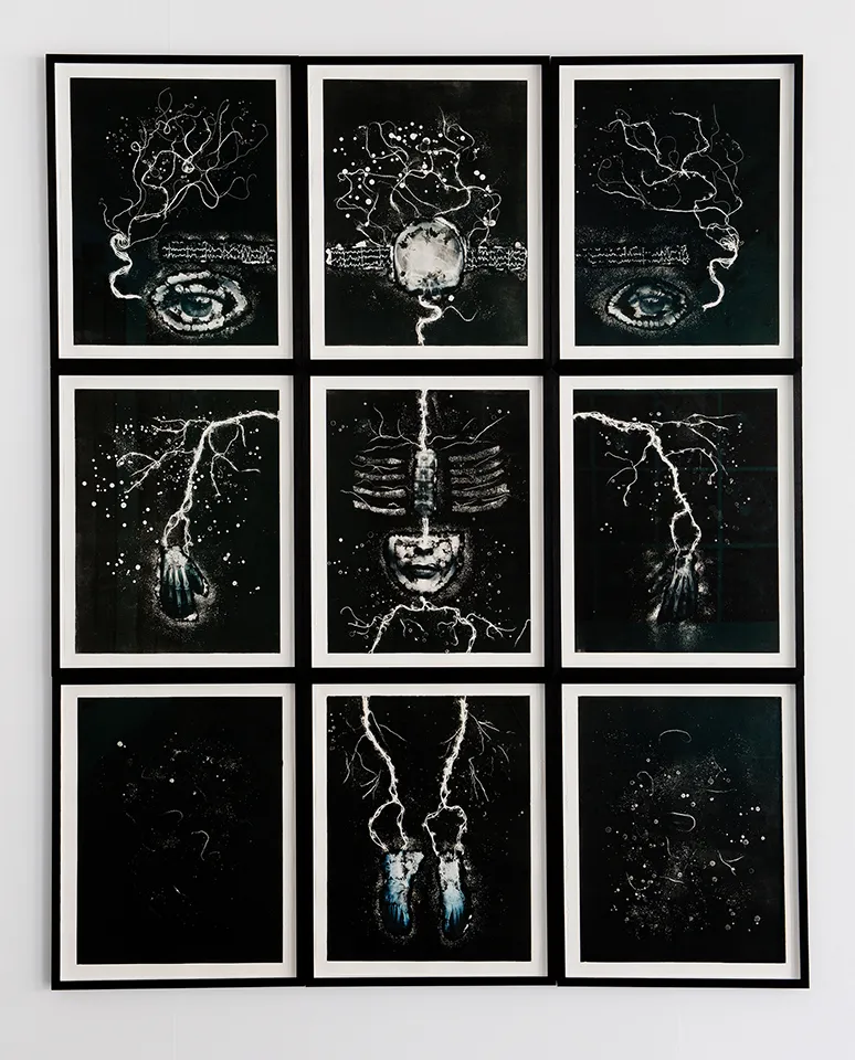 <strong>Elisabeth</strong>, installation of 9 monotypes with chine-collé, 2.5 x 2m, Susan Aldworth, 2012. Photograph by Colin Davison.