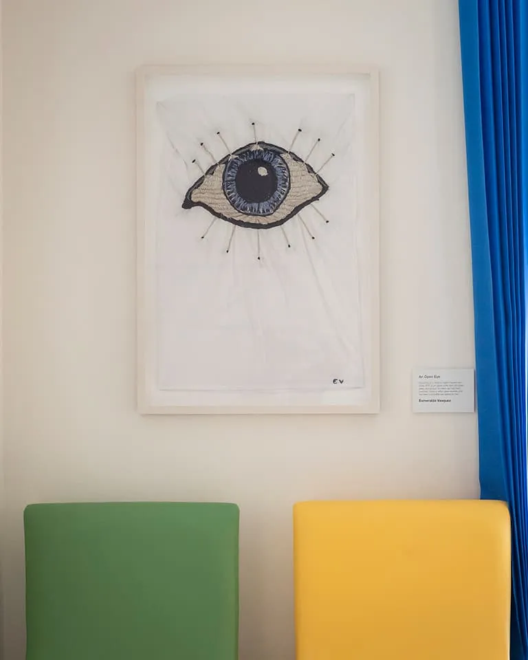 <strong>An Open Eye</strong>, pillowcase embroidered by health worker Esmeralda Vasquez as part of the participation between artist, patients and staff for the Sleep Disorders Centre commission. Photograph by Jim Stephenson at Guy’s Hospital 2017.