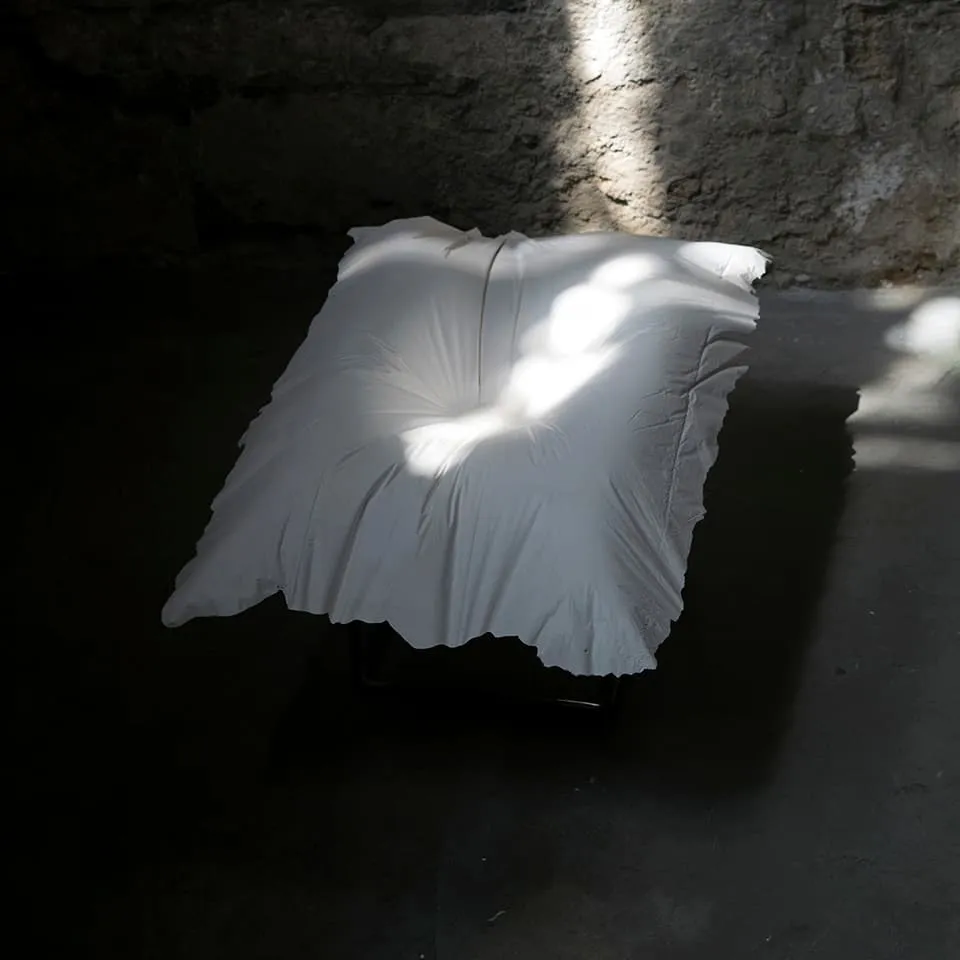 <strong>Evidence of Sleep III</strong>, (detail) installation of 5 plaster pillows, Susan Aldworth, 2017. Photograph by Paul Hughes.