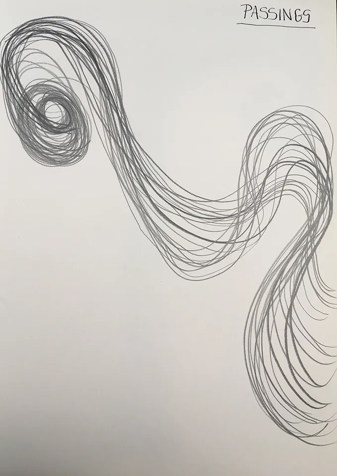 <strong>Grief drawing 6 – Passings</strong>, Susan Aldworth, pencil on watercolour paper, 38&nbsp;x&nbsp;27&nbsp;cms, 2020.