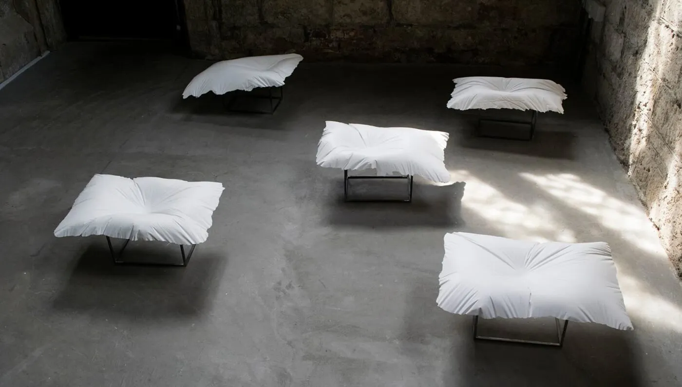 <strong>Evidence of Sleep III</strong>, installation of 5 plaster pillows, Susan Aldworth, 2017. Photograph by Paul Hughes.