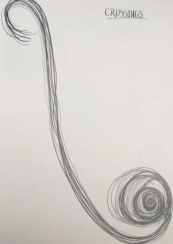 <strong>Grief drawing 5 – Crossings</strong>, Susan Aldworth, pencil on watercolour paper, 38&nbsp;x&nbsp;27&nbsp;cms, 2020.