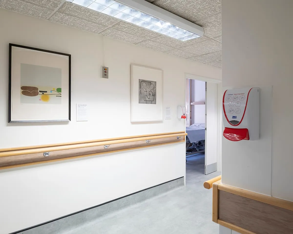 <strong>Respondences 8</strong>, Susan Aldworth, intaglio print, 37×37 cms, 2019 (pictured right). Made in response to Victor Pasmore prints (<i>Points  of Contact No: 34</i> pictured left). Photograph by Jim Stephenson at Guy’s Hospital.