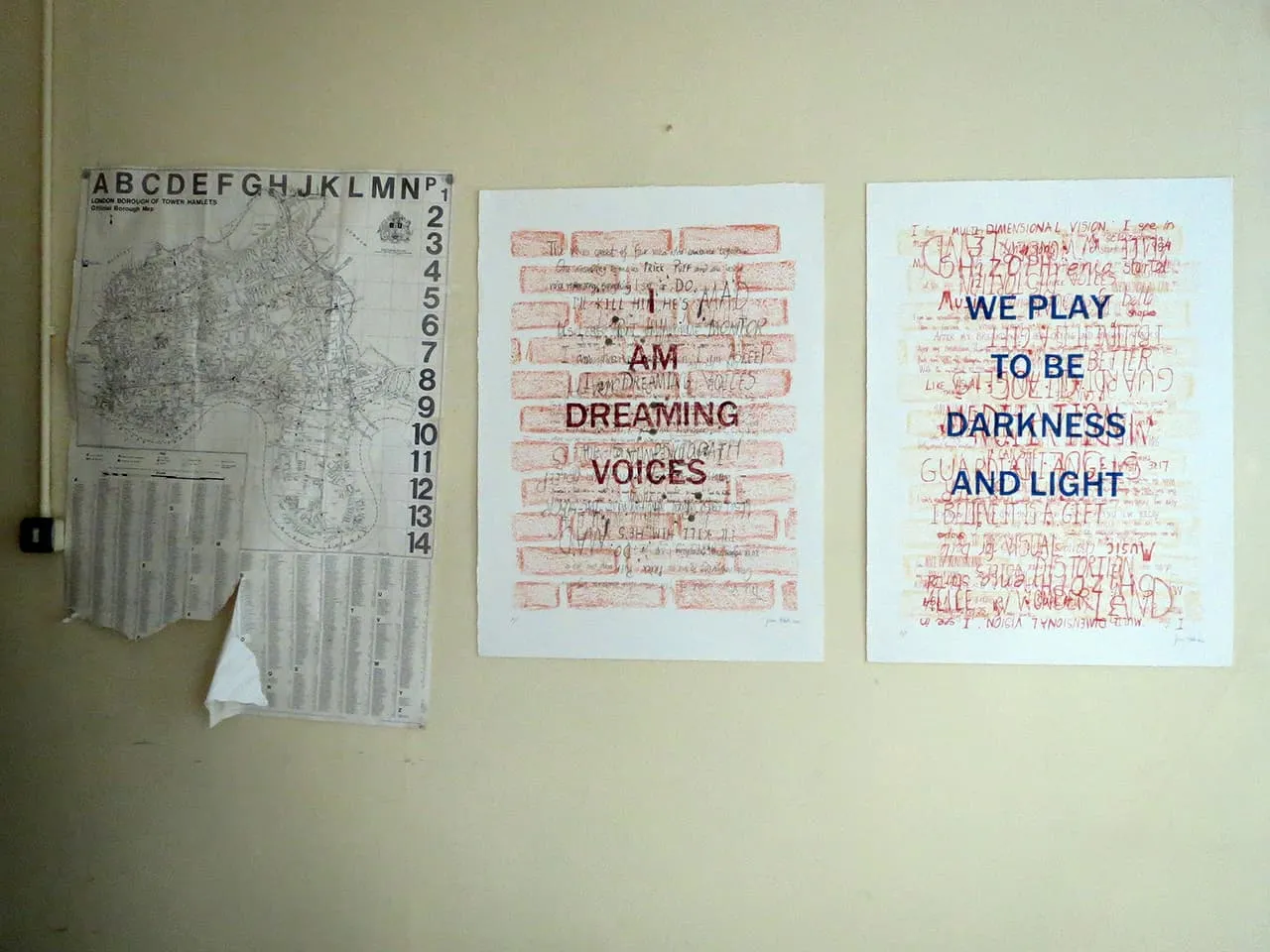 <strong>Dreaming Voices 1 & 2</strong>, installation by Susan Aldworth at St Clement’s Hospital, lithographs, 82 x 60 cms each, 2012.