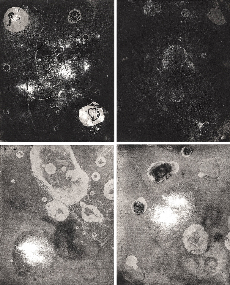 Modern Alchemy 1, 6, 7, 8 (2023), etching and aquatint, each 15.5 x 12.5 cm