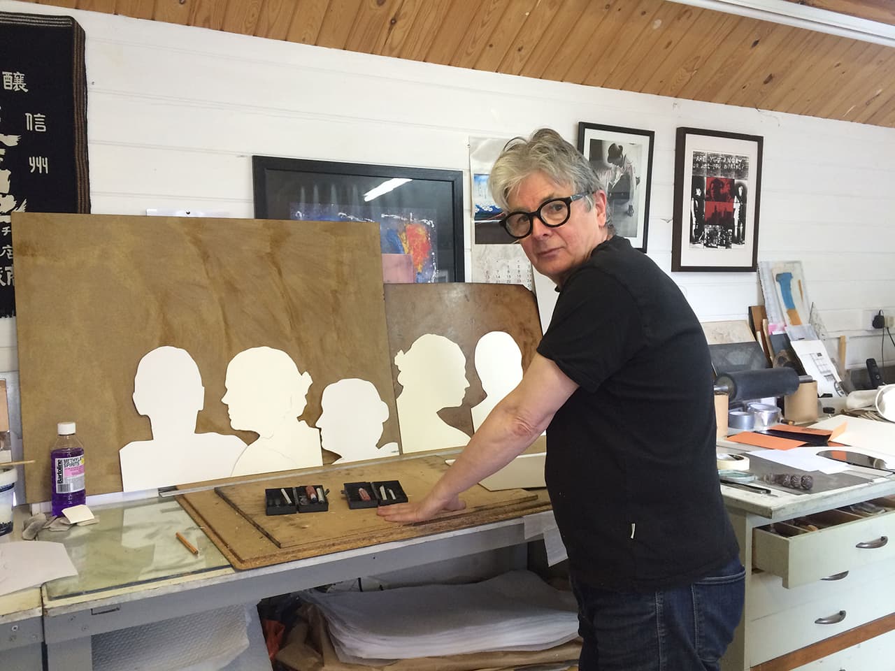 Nigel Oxley working on The Dark Self prints in his studio in Bexhill, 2016.