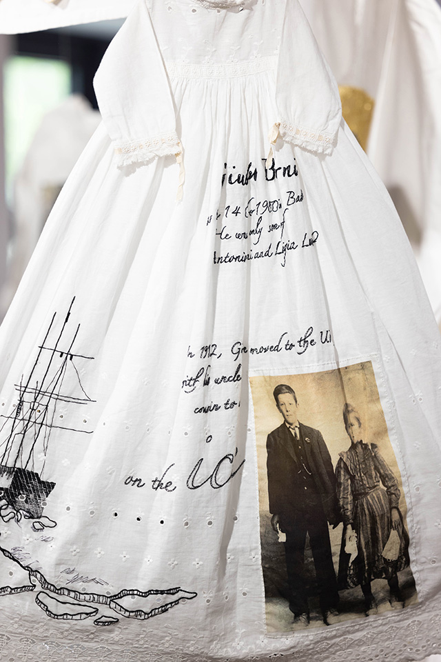 In 1912, Giuseppe moved to the UK with his uncle and cousin to work on the ice. They returned to Italy in 1915 to fight in World War 1. Embroidery by Christina Chung. Photograph by Scott Murray.