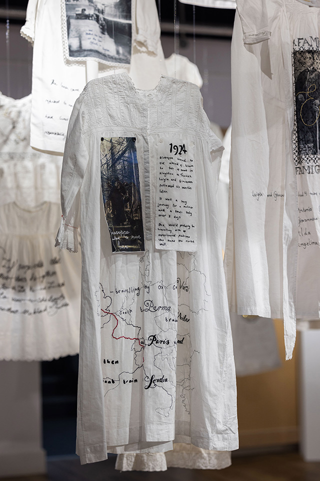 1924 Luigia travels by boat and train to London with her baby. Embroidery by Rosie Sykes. Photograph by Scott Murray.