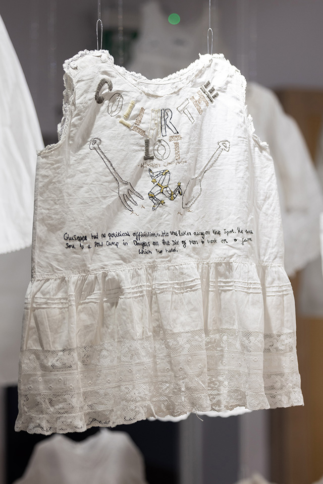 COLLAR THE LOT! When Mussolini declared war on the Allies on 10 June 1940, Churchill ordered all enemy aliens to be arrested. Embroidery by Molly Murfin. Photograph by Scott Murray.